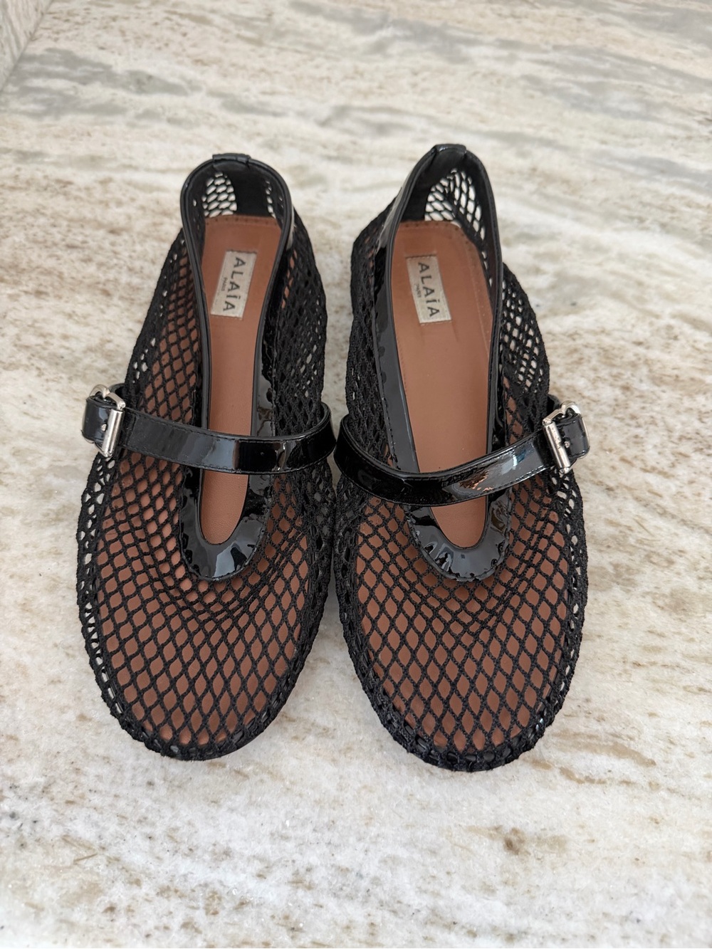 Alaia Black Mesh Mary Jane Flats with Patent Strap and Buckle